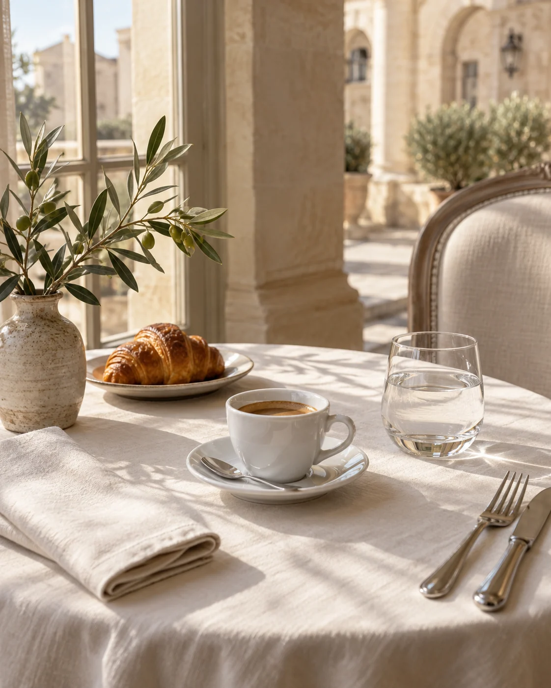 Breakfast with espresso and a croissant on a light linen tablecloth.